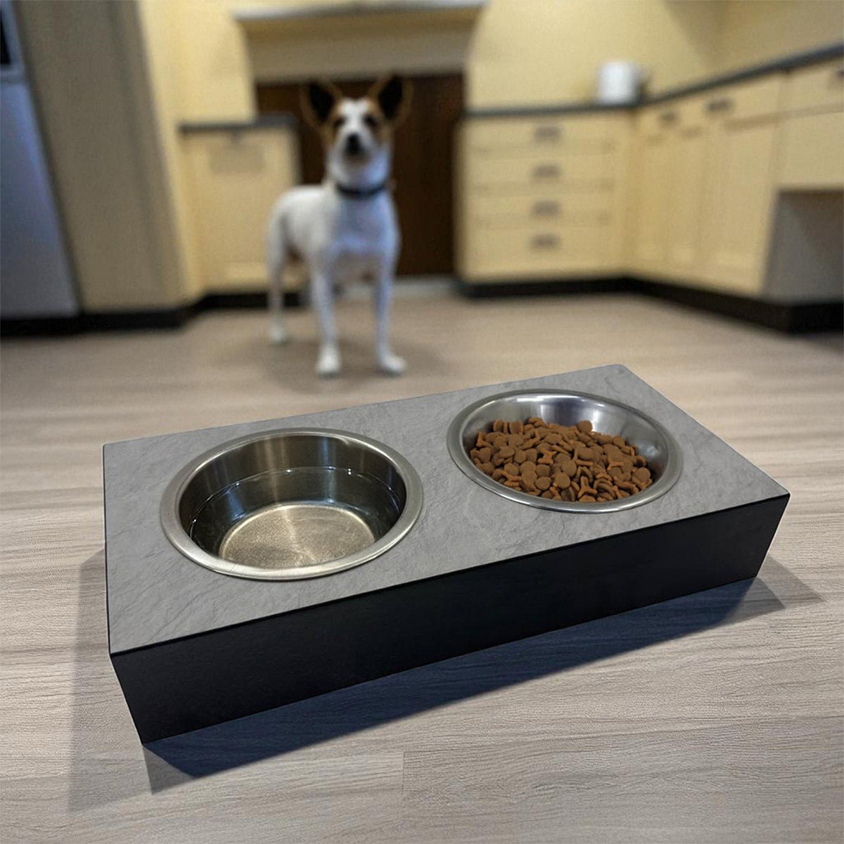 Pet Bowl – Plywood with Egger Coating: Light Grey Scivaro Slate | Black